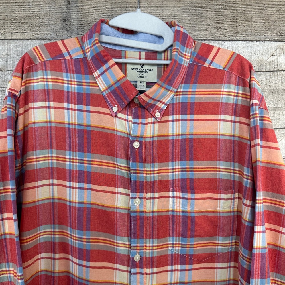 American Eagle Mens XXL Classic Fit Plaid Button Down Shirt Coral Blue Orange - Picture 2 of 7